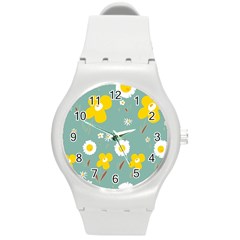 Daisy Flowers Yellow White Brown Sage Green  Round Plastic Sport Watch (m) by Mazipoodles