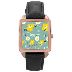 Daisy Flowers Yellow White Brown Sage Green  Rose Gold Leather Watch  by Mazipoodles