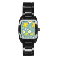 Daisy Flowers Yellow White Brown Sage Green  Stainless Steel Barrel Watch by Mazipoodles