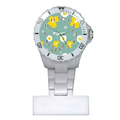 Daisy Flowers Yellow White Brown Sage Green  Plastic Nurses Watch by Mazipoodles