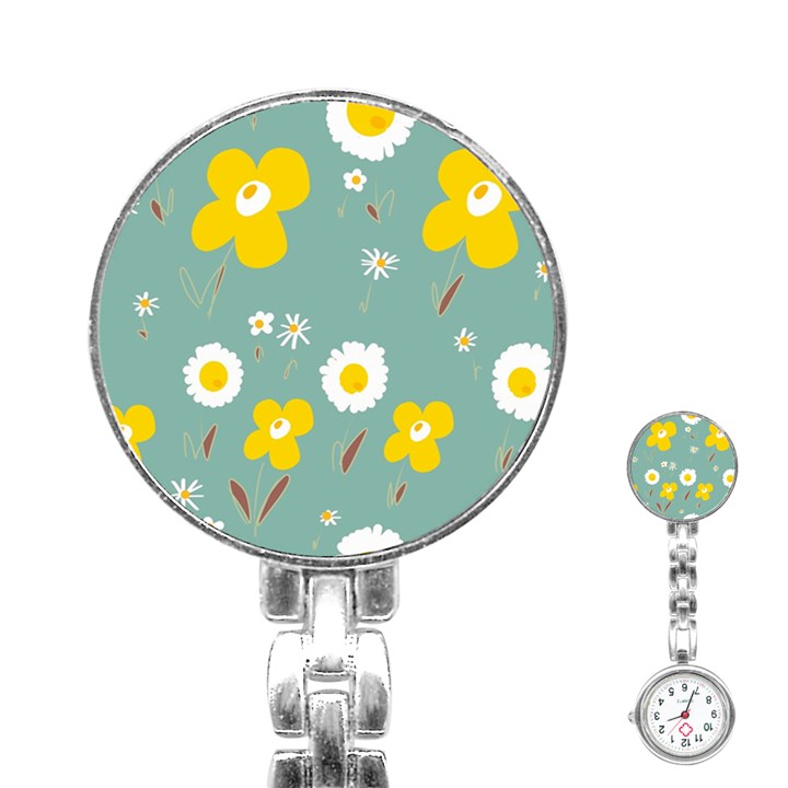 Daisy Flowers Yellow White Brown Sage Green  Stainless Steel Nurses Watch