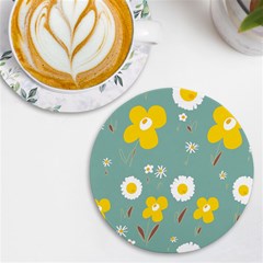 Daisy Flowers Yellow White Brown Sage Green  Uv Print Round Tile Coaster by Mazipoodles