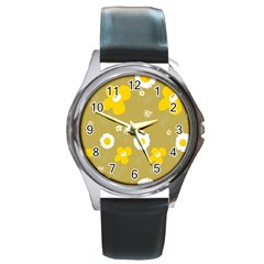 Daisy Flowers Yellow White Olive  Round Metal Watch by Mazipoodles