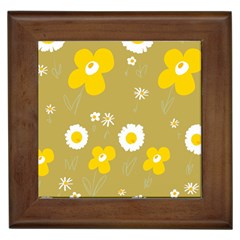 Daisy Flowers Yellow White Olive  Framed Tile by Mazipoodles