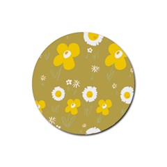 Daisy Flowers Yellow White Olive  Rubber Coaster (round) by Mazipoodles