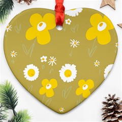 Daisy Flowers Yellow White Olive  Heart Ornament (two Sides) by Mazipoodles