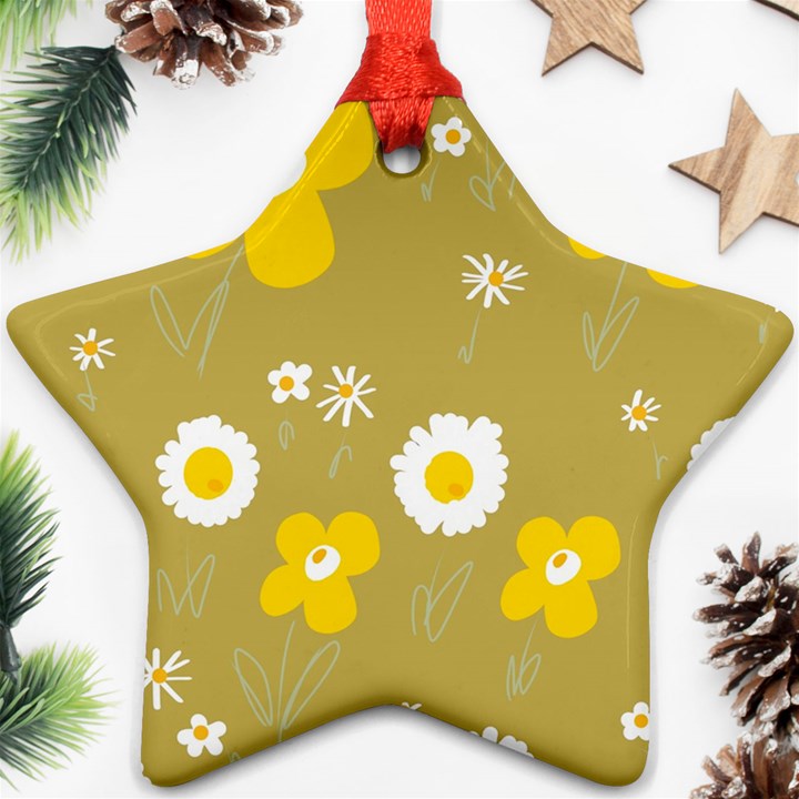 Daisy Flowers Yellow White Olive  Star Ornament (Two Sides)