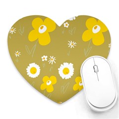 Daisy Flowers Yellow White Olive  Heart Mousepad by Mazipoodles