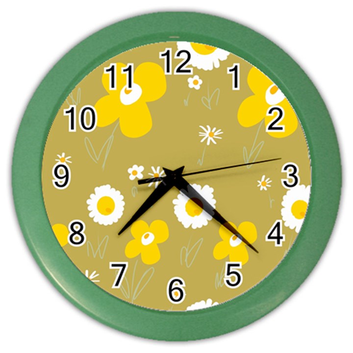 Daisy Flowers Yellow White Olive  Color Wall Clock