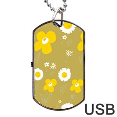 Daisy Flowers Yellow White Olive  Dog Tag Usb Flash (two Sides) by Mazipoodles