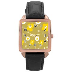 Daisy Flowers Yellow White Olive  Rose Gold Leather Watch  by Mazipoodles