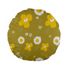 Daisy Flowers Yellow White Olive  Standard 15  Premium Flano Round Cushions by Mazipoodles