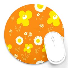 Daisy Flowers Yellow White Orange  Round Mousepad by Mazipoodles