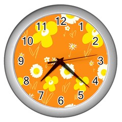 Daisy Flowers Yellow White Orange  Wall Clock (silver) by Mazipoodles