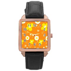 Daisy Flowers Yellow White Orange  Rose Gold Leather Watch  by Mazipoodles