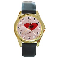 Valentine Day Heart Love Logo Round Gold Metal Watch by artworkshop