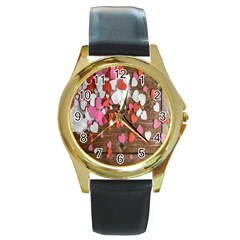 Valentine Day Heart Wallpaper Round Gold Metal Watch by artworkshop