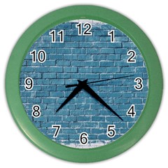 White And Blue Brick Wall Color Wall Clock by artworkshop