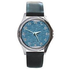 White And Blue Brick Wall Round Metal Watch by artworkshop