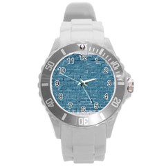 White And Blue Brick Wall Round Plastic Sport Watch (l) by artworkshop