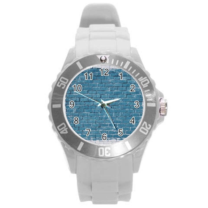 White And Blue Brick Wall Round Plastic Sport Watch (L)