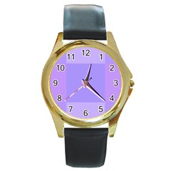 Pixel Plaid Lilac Lavender Mauve Violet Purple  Round Gold Metal Watch by Mazipoodles