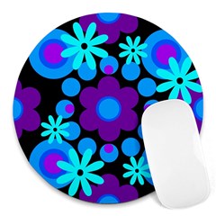 Flowers Pearls And Donuts Blue Purple Black Round Mousepad by Mazipoodles