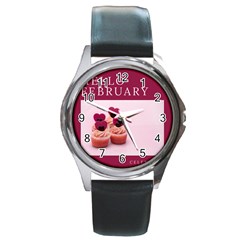 Hello February Text And Cupcakes Round Metal Watch by artworkshop