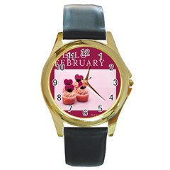 Hello February Text And Cupcakes Round Gold Metal Watch by artworkshop