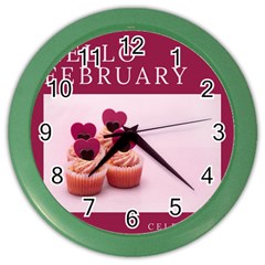 Hello February Text And Cupcakes Color Wall Clock by artworkshop