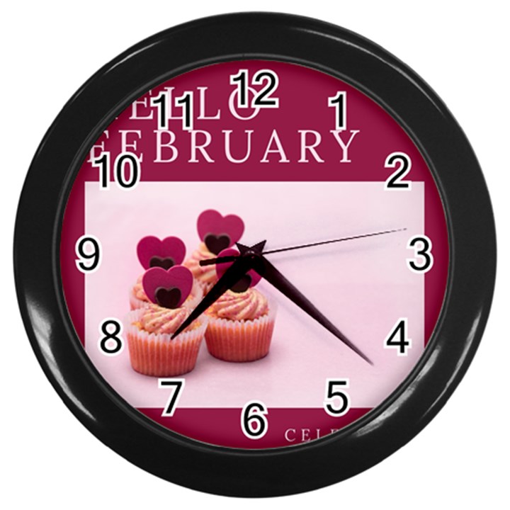 Hello february text and cupcakes Wall Clock (Black)