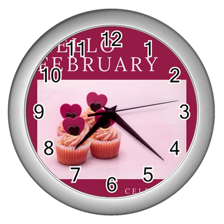 Hello february text and cupcakes Wall Clock (Silver)