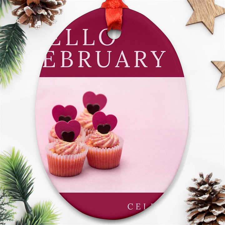 Hello february text and cupcakes Ornament (Oval)