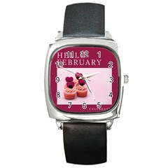 Hello February Text And Cupcakes Square Metal Watch by artworkshop