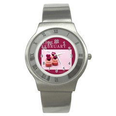 Hello February Text And Cupcakes Stainless Steel Watch by artworkshop