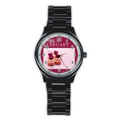 Hello February Text And Cupcakes Stainless Steel Round Watch by artworkshop