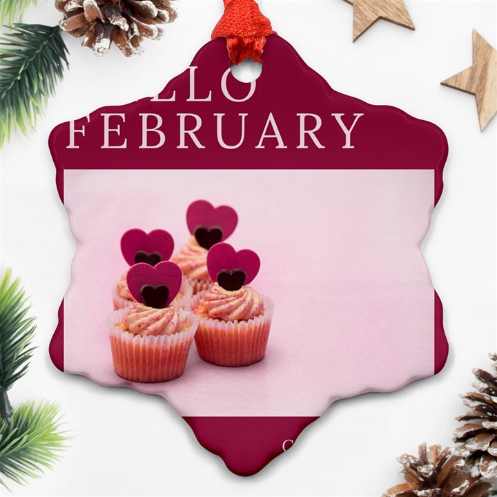 Hello february text and cupcakes Snowflake Ornament (Two Sides)