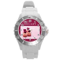 Hello February Text And Cupcakes Round Plastic Sport Watch (l) by artworkshop