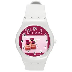 Hello February Text And Cupcakes Round Plastic Sport Watch (m) by artworkshop