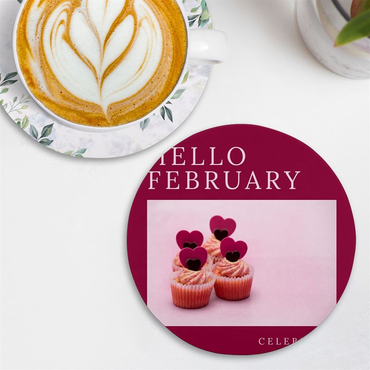 Hello february text and cupcakes UV Print Round Tile Coaster