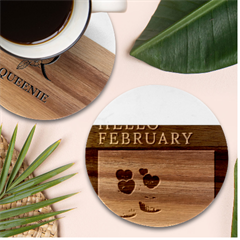 Hello February Text And Cupcakes Marble Wood Coaster (round) by artworkshop