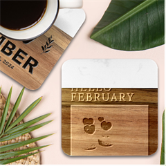 Hello February Text And Cupcakes Marble Wood Coaster (square) by artworkshop