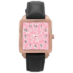 Texture With White Flowers Rose Gold Leather Watch 