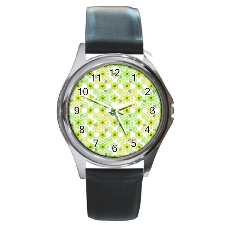 Bitesize Flowers Pearls And Donuts Yellow Green Check White Round Metal Watch