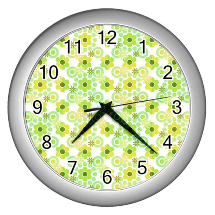 Bitesize Flowers Pearls And Donuts Yellow Green Check White Wall Clock (Silver)