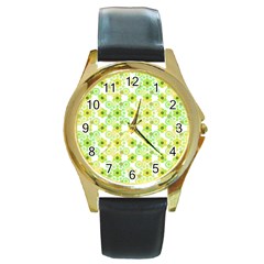 Bitesize Flowers Pearls And Donuts Yellow Green Check White Round Gold Metal Watch by Mazipoodles