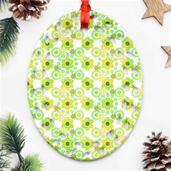 Bitesize Flowers Pearls And Donuts Yellow Green Check White Ornament (oval Filigree) by Mazipoodles