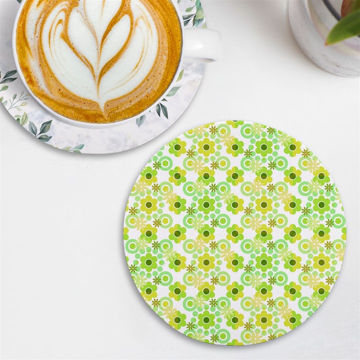 Bitesize Flowers Pearls And Donuts Yellow Green Check White UV Print Round Tile Coaster