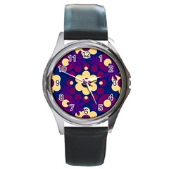 Flowers Pearls And Donuts Purple Burgundy Peach Navy Round Metal Watch by Mazipoodles