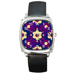 Flowers Pearls And Donuts Purple Burgundy Peach Navy Square Metal Watch by Mazipoodles